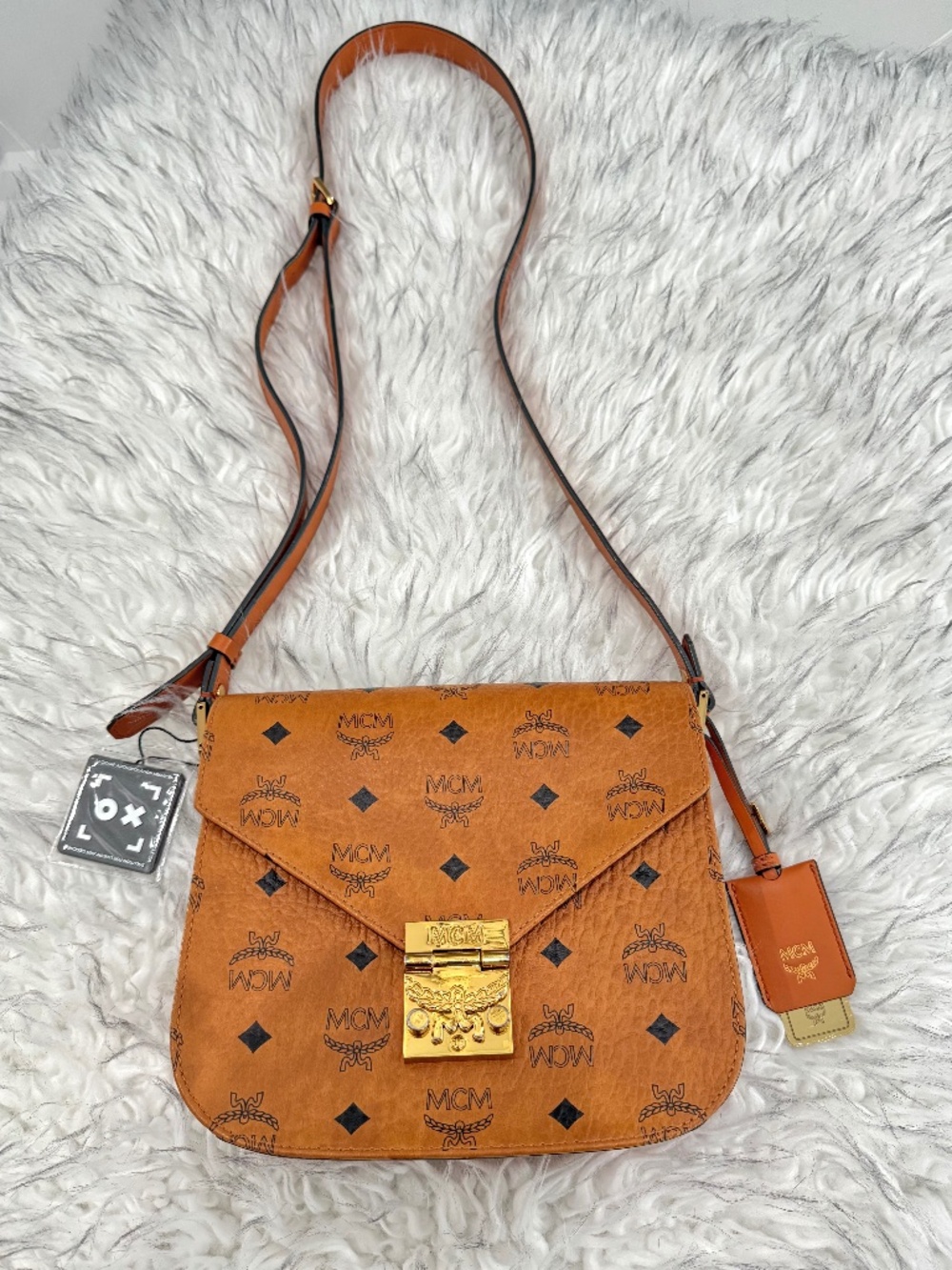 Authenticated MCM Patricia Cognac Visetos Monogram Crossbody Bag Flap Push-Lock